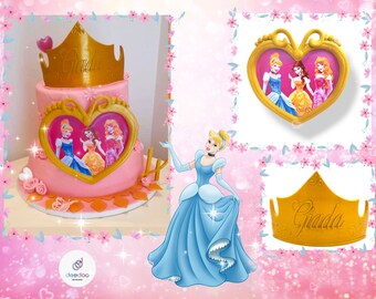 Accessori torta Principesse 3 pz _ tiara nome personalizzabile, cornice principesse, base torta