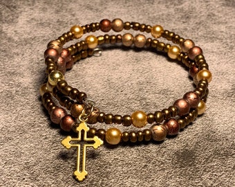 Cross Bracelet in Golds and Creams | Beautiful Christian Bracelet | Jewelry for Church | Wear Your Faith | Beaded Religious Jewelry