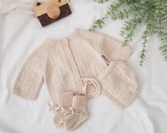 Coming Home Baby Clothes, Newborn Cardigan, Bone & Booties Set, Organic Cotton Clothes, Knitted Baby Clothes, Newborn Gift