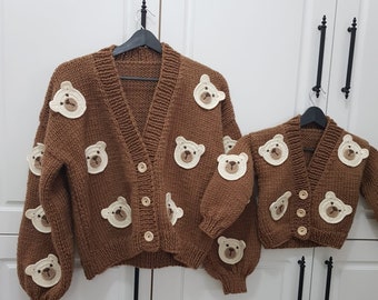 Bijpassende mama en mij wollen vest, BEAR vest set, bijpassende outfits, dik vest, cadeau voor mama