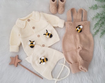 Knitted Honey Bee Baby Outfit, New Baby Gift