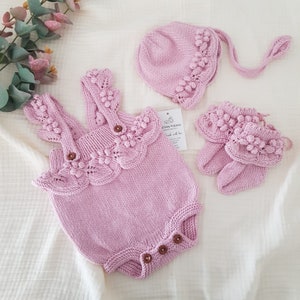 Cotton 3 Piece Set - Baby Girl Rompers - Summer Rompers - Rompers, Booties and Bonnet Set - Sleeveless Rompers - Powder Pink Baby Dress