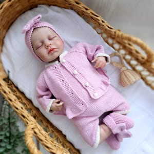 Hand-Knitted Baby Girl Coming Home Outfit,Romper, Cardigan,Headband and Booties,Organic Cotton Yarn,Newborn Baby Gift Set,Baby Shower Gift