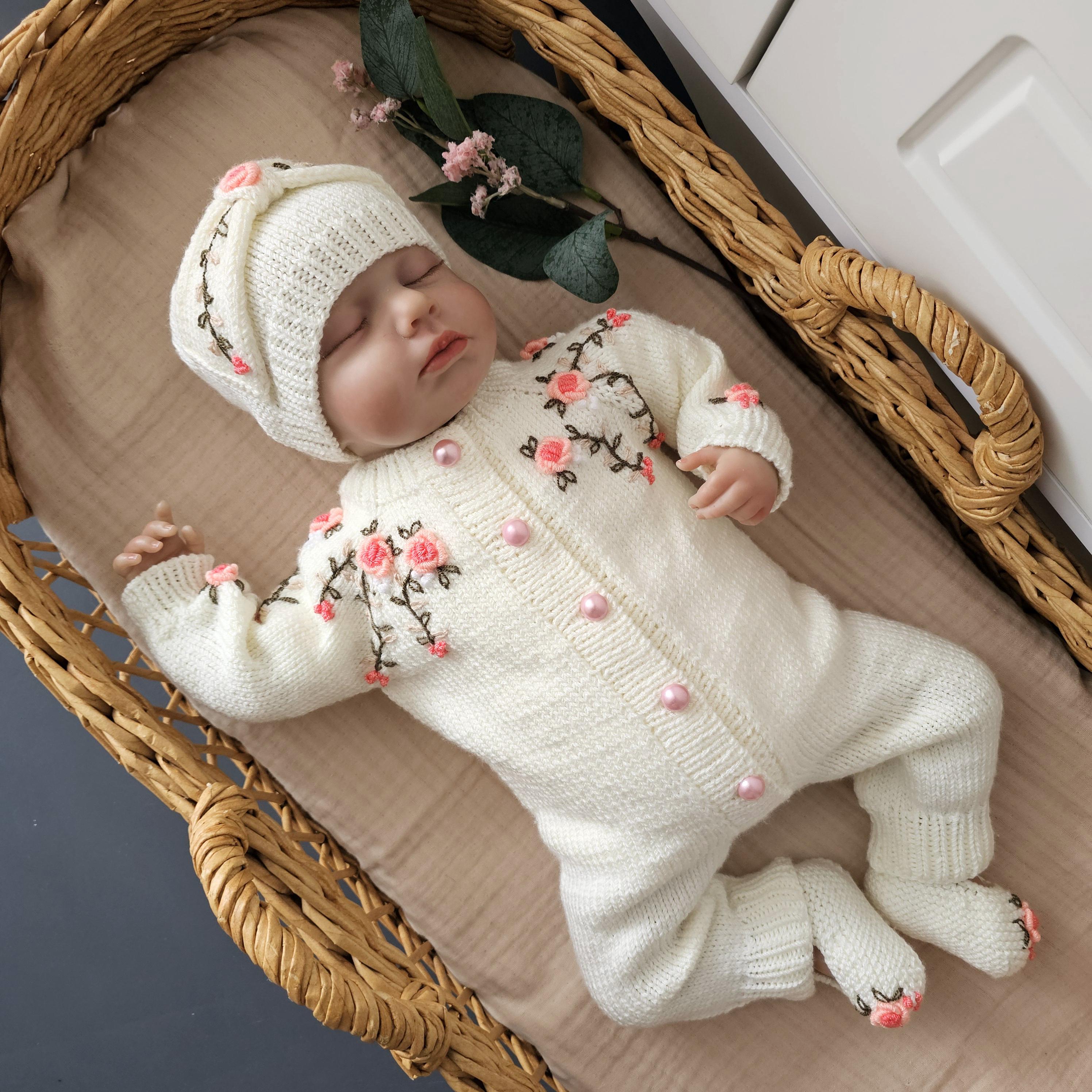 Hand Knitted Organic Cotton Baby Romper Set, Floral Embroidery - Etsy