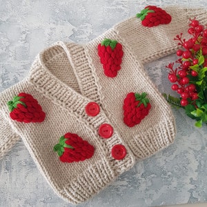 Knitted Handmade Baby Strawberry Cardigan,organic cotton cardigan, unisex baby cardigan, Hand-knit unisex kids, baby/toddler cotton cardigan image 4