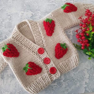 Knitted Handmade Baby Strawberry Cardigan,organic cotton cardigan, unisex baby cardigan, Hand-knit unisex kids, baby/toddler cotton cardigan image 1