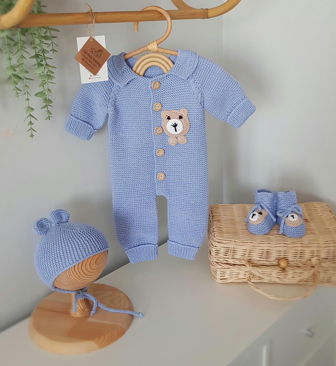 Buy Handmade Organic Cotton Blue Bear Newborn Romper Set