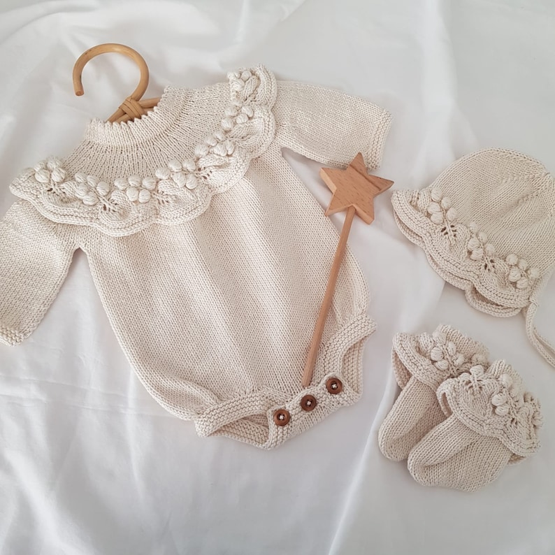 Knitted Baby Girl Rompers Set and Blanket Set, Newborn Grape 4 Piece Set, Newborn Baby Graduation Dress, Organic Baby Clothes image 2
