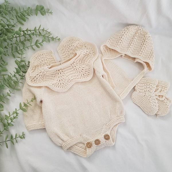 Baby bodysuit - Baby bonnet - Newborn photo props - Cotton baby romper - Bonnet with bow - Baby girl - Sitter photo props -Knitted baby wear