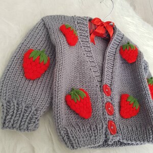 Knitted Handmade Baby Strawberry Cardigan,organic cotton cardigan, unisex baby cardigan, Hand-knit unisex kids, baby/toddler cotton cardigan image 6