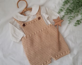 Baby Boy Suspender Overalls, Crocheted Baby Clothes, baby Boy Clothes, Beige Children's Overalls, Knitted Baby Clothes