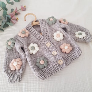 Handmade Knit Baby Cardigan – Gray Sweater with 3D Pastel Flowers
