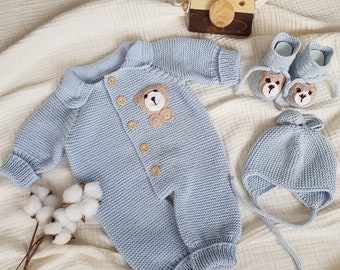 Teddybeer rompertjes set, gebreide pasgeboren kleding, Coming Home babykleding, gebreide babykleding, Coming Home Hospital Gift