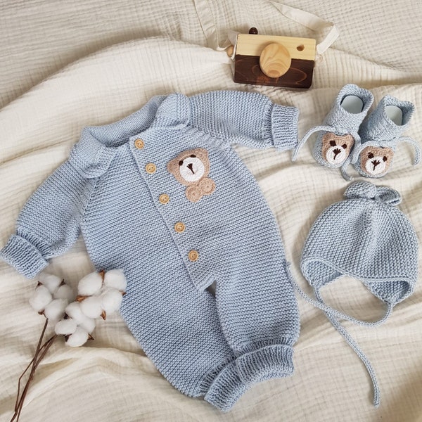 Ensemble barboteuse ours en peluche, vêtements tricotés pour nouveau-né, vêtements de retour à la maison pour bébé, vêtements de bébé en tricot, cadeau d'hôpital pour le retour à la maison