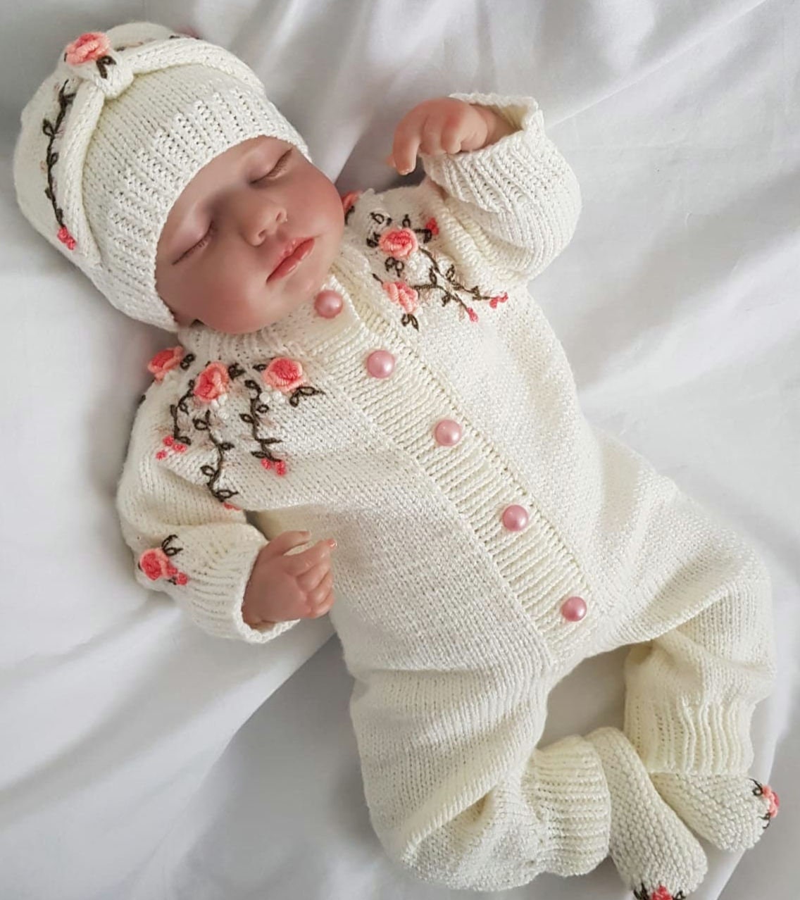 Hand Knitted Organic Cotton Baby Romper Set, Floral Embroidery - Etsy