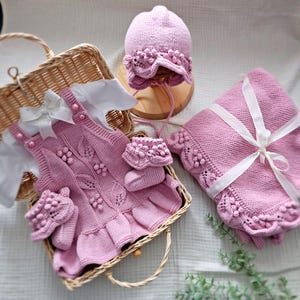 Baby Girl Coming Home Outfit and Blanket Set, Pink Grape 4-Piece Set, Baby Girl Clothing, Knitted Baby Clothes, Organic Baby Wear