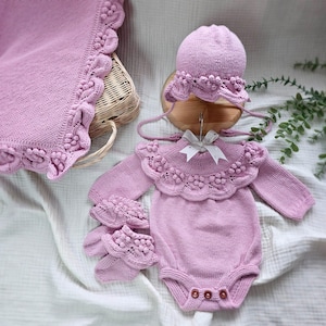 Knitted Baby Girl Rompers Set and Blanket Set, Newborn Grape 4 Piece Set, Newborn Baby Graduation Dress, Organic Baby Clothes