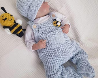 Hand-Knit Organic Cotton Baby Jumpsuit Set with Honeybee Toy