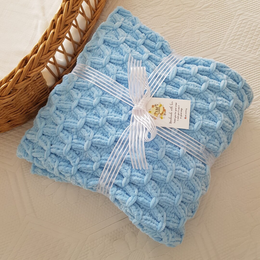 Knitted Baby Blanket, Velvet Blanket, Blue Fluffy Blanket, Baby Shower