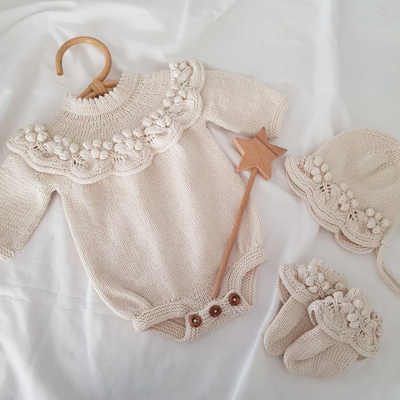 Knitted Baby Girl Rompers Set and Blanket Set, Newborn Grape 4 Piece Set, Newborn Baby Graduation Dress, Organic Baby Clothes image 7