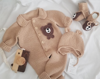 Teddy Bear Rompers Set, Knitted Newborn Clothes, Coming Home Baby Clothes, Knitted Baby Clothes, Coming Home Hospital Gift