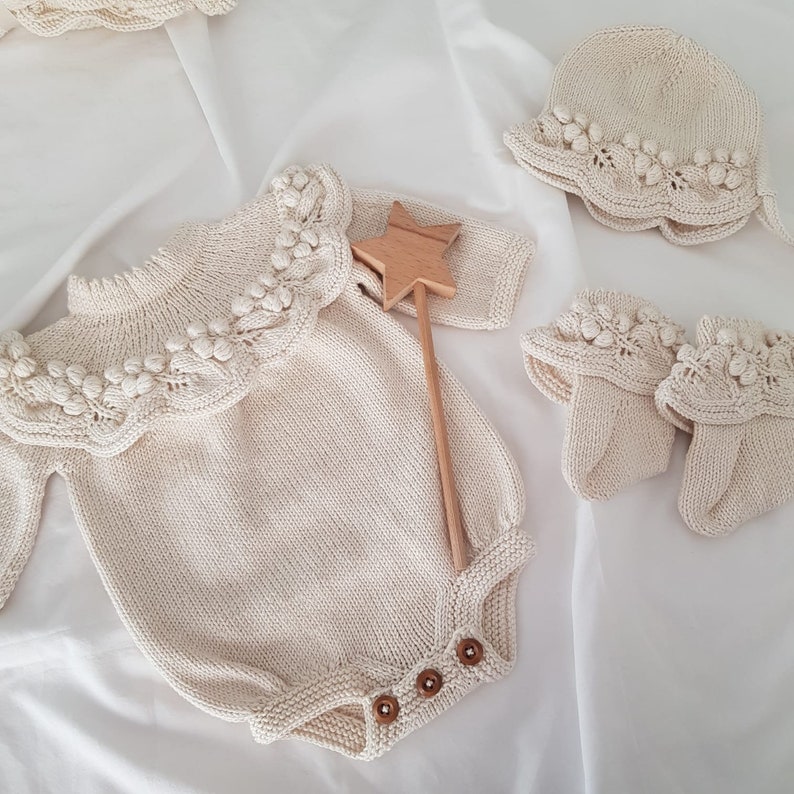 Knitted Baby Girl Rompers Set and Blanket Set, Newborn Grape 4 Piece Set, Newborn Baby Graduation Dress, Organic Baby Clothes image 5