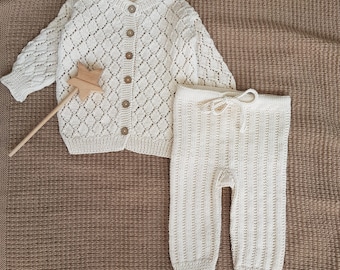 Newborn Knit Outfit, Newborn Coming Home Outfit, White Knit Baby Outfit, Organic Cotton Baby Clothes, Baby Girl Clothes, Baby Boy Clothes