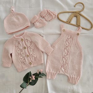 Newborn Coming Home Outfit, Pink Baby Girl Clothing Set, Baby Girl Hospital Outfit, Hand-Knitted Cardigan-Romper-Hat-Booties 4-Piece Set