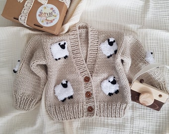 Unisex baby cardigan, handmade lamb cardigan, daisy flower cardigan, baby boy clothing, lamb baby cardigan, birthday gift