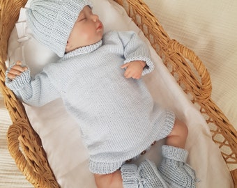 Baby Boy Knitted Rompers Set, Newborn Homecoming Dress, Newborn Baby Rompers Set, Short Sleeve Rompers, Knitted Baby Clothes