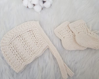 Knitted Hat and Booties Set, Knitted Baby Clothing, Newborn Baby Girl Bonnet, Organic Baby Clothes, Newborn Photography Accessories