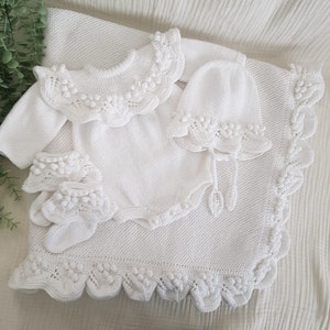 Knitted Baby Girl Rompers Set and Blanket SetChristening Baby Blanket, Newborn Baby Graduation Dress, Organic Baby Clothes