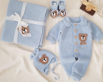 Baby Boy Blanket & Rompers Set, Newborn Cute Teddy Bear Set, Baby Boy Hospital Outfit, Organic Baby Clothes