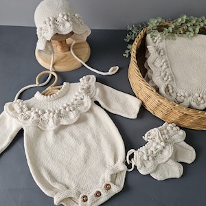 Knitted Baby Girl Rompers Set and Blanket Set, Newborn Grape 4 Piece Set, Newborn Baby Graduation Dress, Organic Baby Clothes