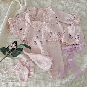 Newborn Baby Girl Coming Home Outfit,Pink Embroidered 4-Piece Set, Knitted Baby Clothes, Organic Baby Clothing,New Baby Gift,Baby Girl Gift