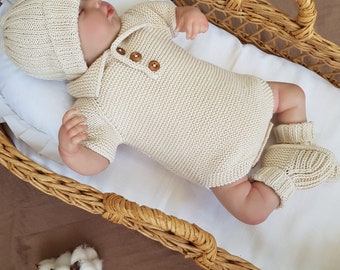 Baby Boy Knitted Rompers Set, Newborn Homecoming Dress, Newborn Baby Rompers Set, Short Sleeve Rompers, Knitted Baby Clothes