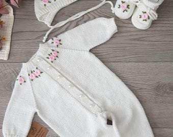 Newborn Knit Romper Set, Organic Cotton Baby Clothes, Floral Details