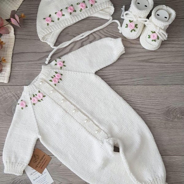 Newborn Knit Romper Set, Organic Cotton Baby Clothes, Floral Details
