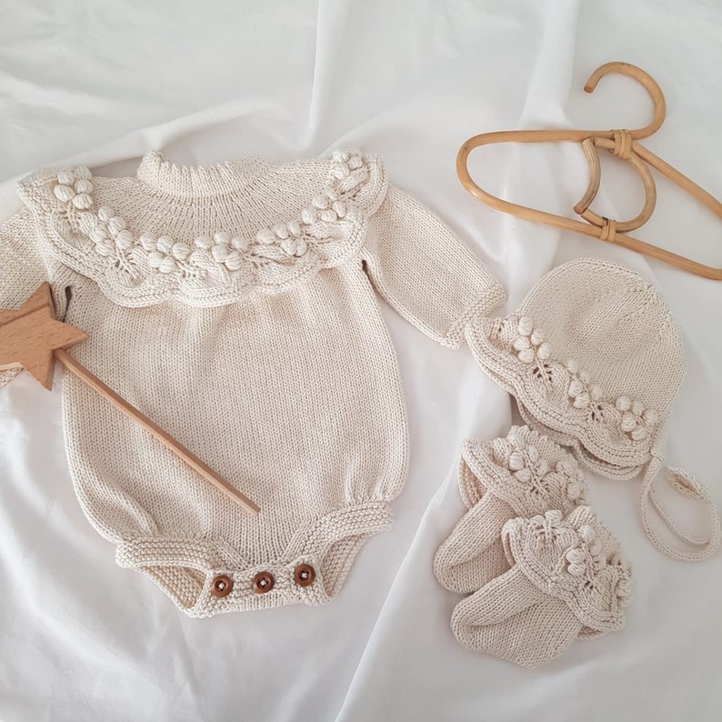 Knitted Baby Girl Rompers Set and Blanket Set, Newborn Grape 4 Piece Set, Newborn Baby Graduation Dress, Organic Baby Clothes image 6