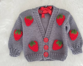 Gestrickte Handgestrickte Baby Erdbeer Strickjacke, Bio-Baumwoll-Strickjacke, Unisex-Baby-Strickjacke, Handgestrickte Unisex-Kinder-Strickjacke, Baby-/Kleinkind-Baumwoll-Strickjacke