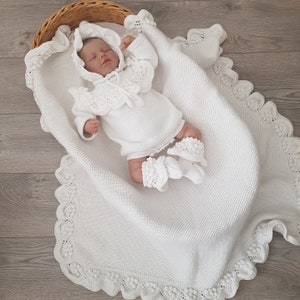 Knitted Baby Girl Rompers Set and Blanket Set, Newborn Grape 4 Piece Set, Newborn Baby Graduation Dress, Organic Baby Clothes