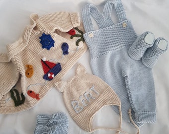 Newborn Baby Hospital Discharge Set, Sea-themed Baby Clothing Set, Organic Baby Clothing, Knitted Baby Clothes, Baby Boy Gift.