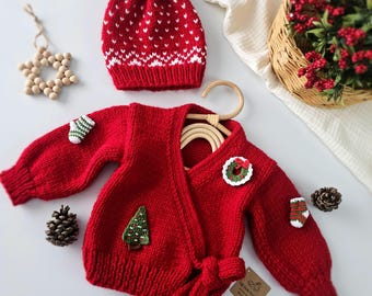 Christmas Baby Girl Cardigan and Hat, Red Cardigan Set, Christmas-Themed Cardigan, Gifts for Babies, Christmas Gift,Christmas Party Gift