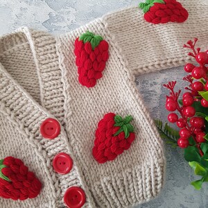 Knitted Handmade Baby Strawberry Cardigan,organic cotton cardigan, unisex baby cardigan, Hand-knit unisex kids, baby/toddler cotton cardigan image 3