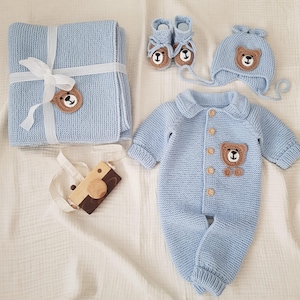 Baby Boy Blanket & Rompers Set, Newborn Cute Teddy Bear Set, Baby Boy Hospital Outfit, Organic Baby Clothes