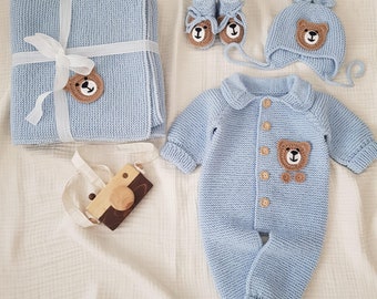 Baby Boy Blanket & Rompers Set, Newborn Cute Teddy Bear Set, Baby Boy Hospital Outfit, Organic Baby Clothes