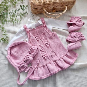 Baby Girl Grape Dress Set, Pink Dress Hat Booties 3-Piece Set, Baby Girl Clothing, Organic Baby Clothes, Knitted Baby Clothes, Princess Baby