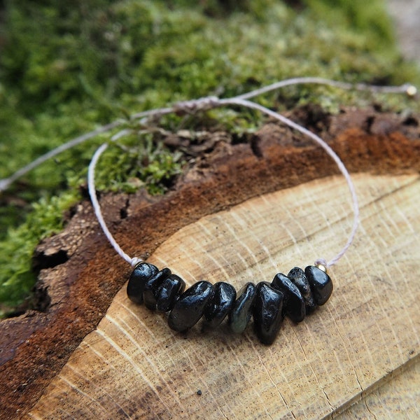 Black tourmaline bracelet, handmade, stainless steel gold, strong protective stones, delicate and timeless, adjustable macrame, asymmetrical