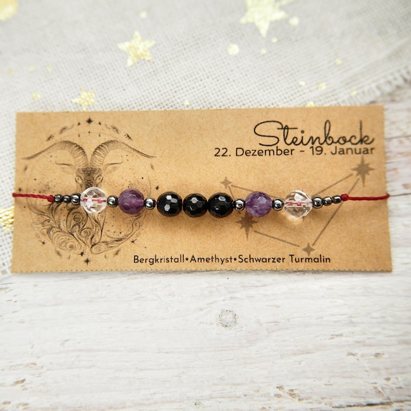 Steinbock Edelsteinarmband, Handgemacht aus echten Steinen, Schwarzer Turmalin, Bergkristall und Amethyst, Facettierte Geburtssteine