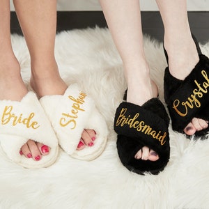 Gifts Personalized Bridal Slipper, Fluffy Bridesmaid Slippers, Wedding Bridesmaid Gifts, Bachelorette Party, Custom Bride Shower Slippers image 1